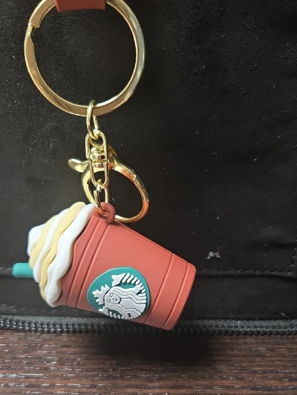 Starbucks Tan and White Coffee Cup Keychain Card Holder Strap